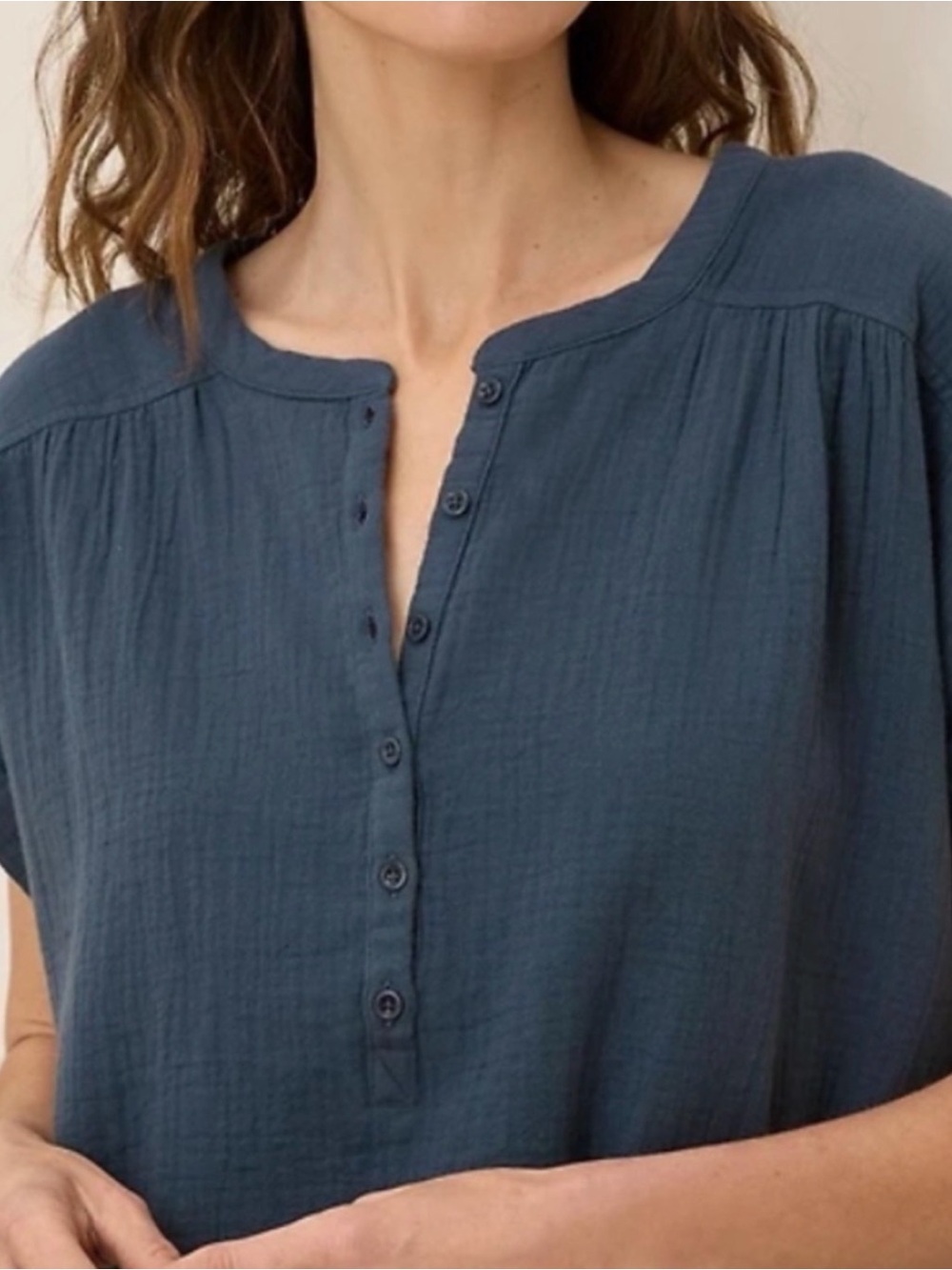 PACT Coastal Double Gauze Short Sleeve Popover Henley Top - Blue - Picture 5 of 6